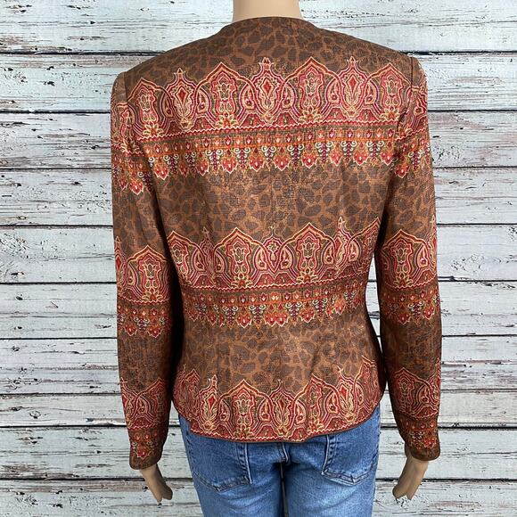 Vintage Adrianna Papell Brown Floral Mandarin Style Blazer Jacket SZ 4 Silk - Picture 7 of 8